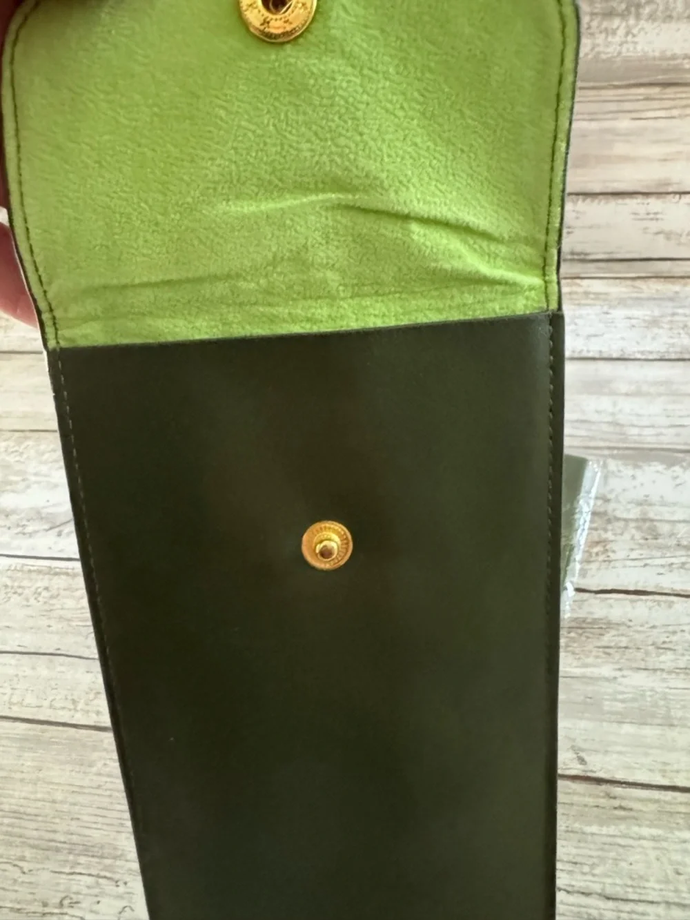 New Unused Longchamp Deep Green Leather Sunglasses/Phone Pouch & Cleaning Cloth